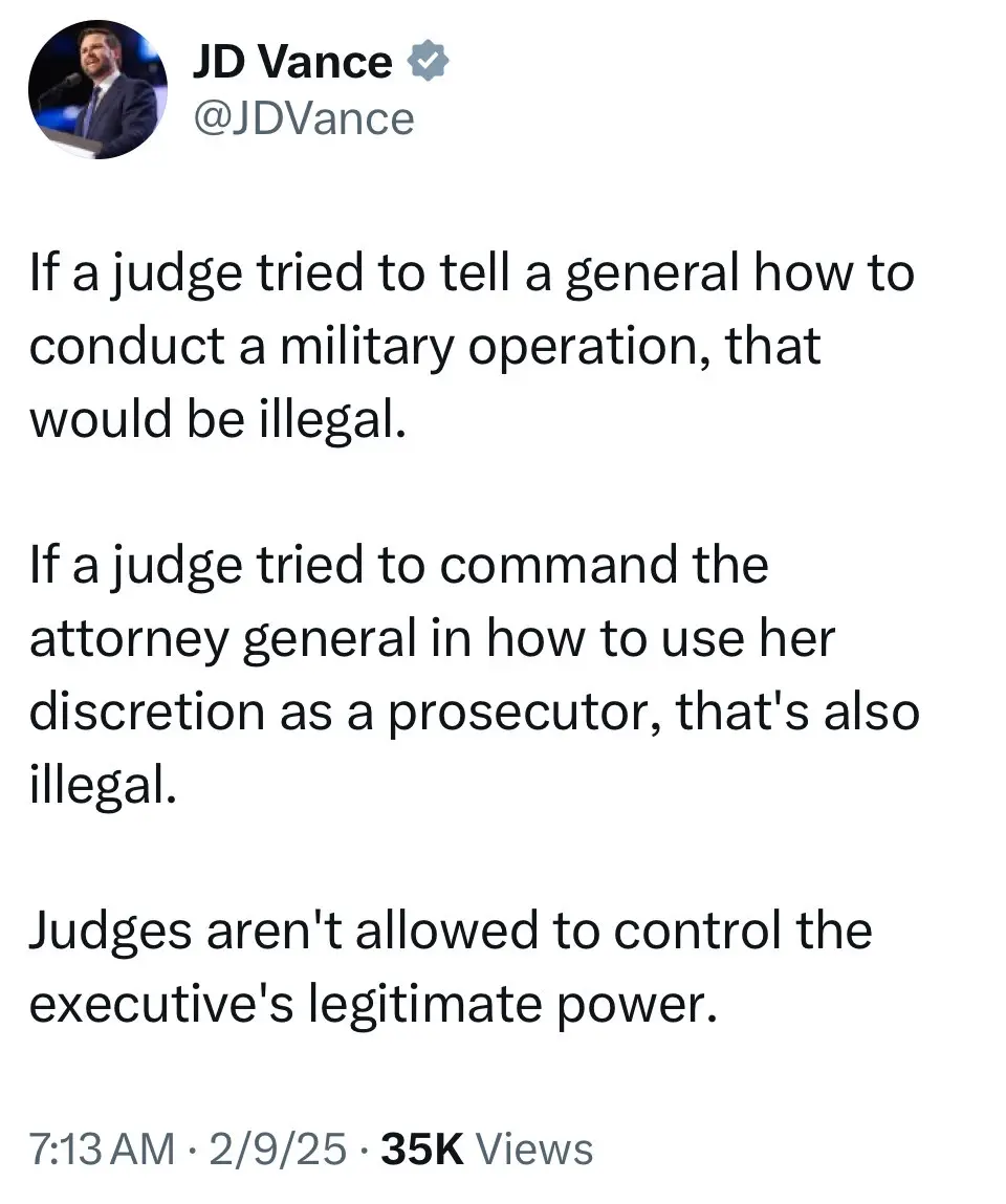 A screenshot of a tweet from JD Vance's verified Twitter account showing three paragraphs of text stating that judges cannot…