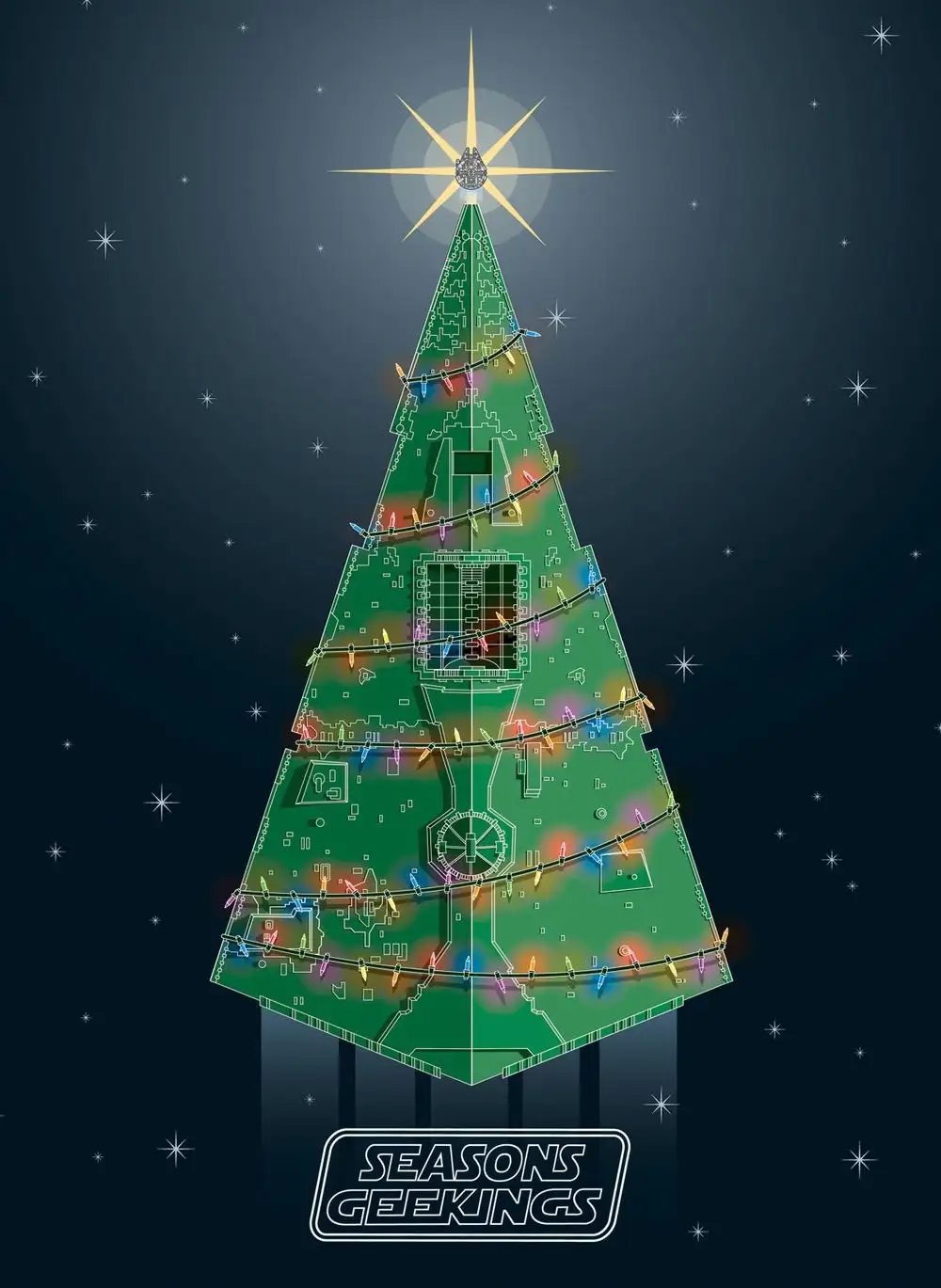 A Christmas tree shaped like the Death Star from Star Wars, decorated with colorful lights and topped with a star containing…