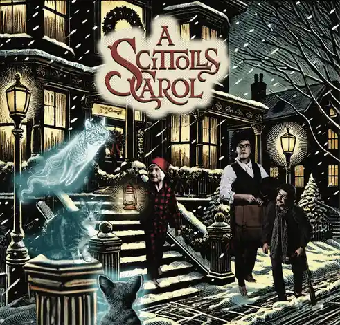 A snowy, illustrated street scene features a child in pajamas holding a lantern, two adults, and multiple cats — one glowing…