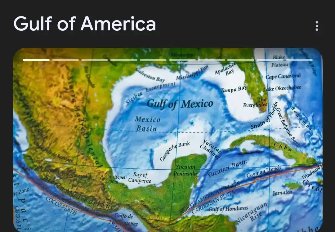 A map of the Gulf of Mexico with the title 'Gulf of America' overlaid at the top. The map shows surrounding landmasses…