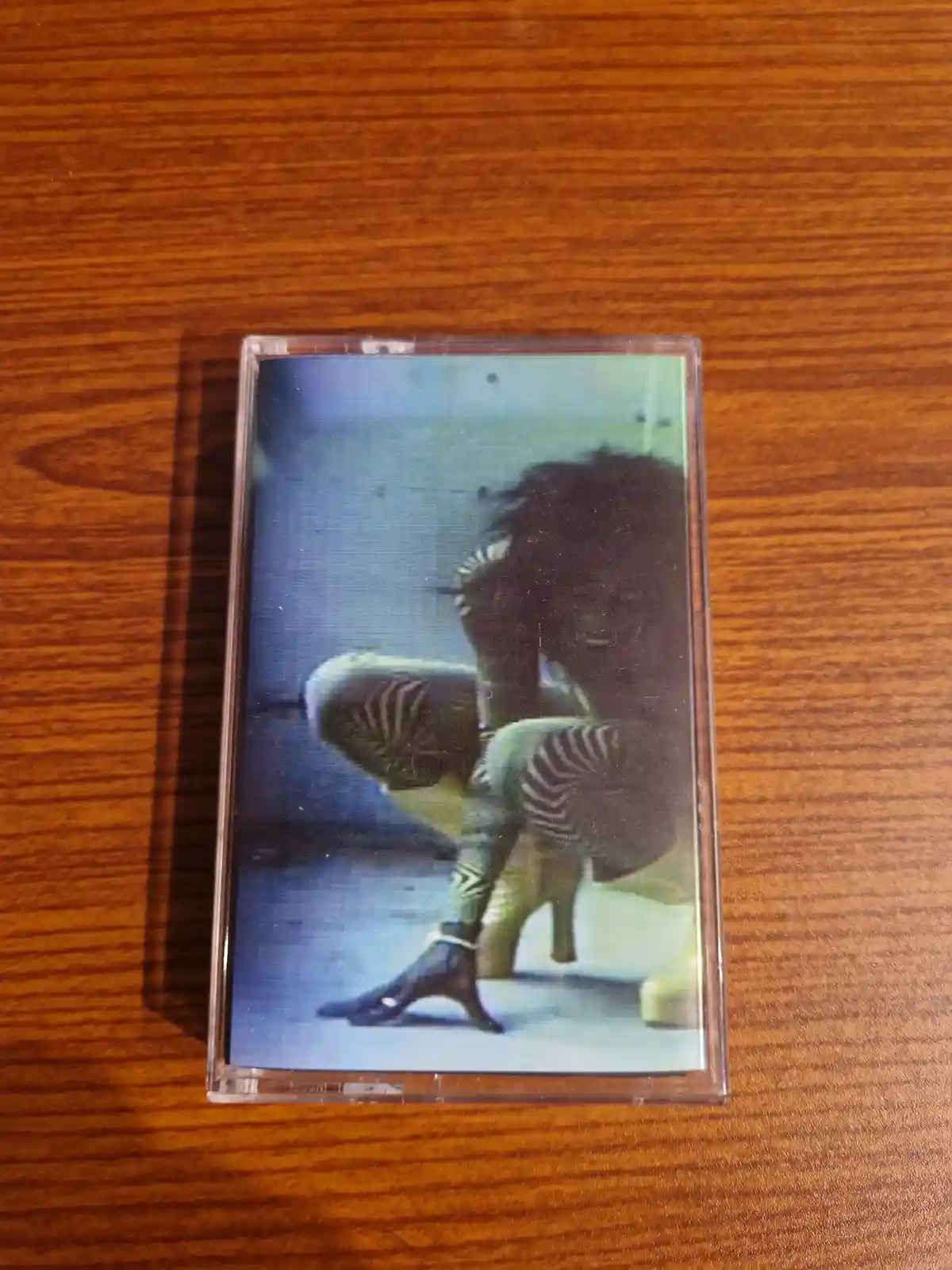 A cassette tape with a blurry cover photo of a person in a zebra-print outfit bending over, resting on a wooden surface. The…