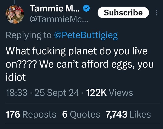 A screenshot of a Twitter (now X) post by user 'Tammie M...' replying to @PeteButtigieg. The post's text reads 'What fucking…