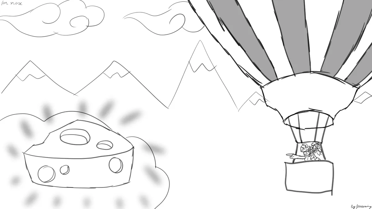 A black-and-white line drawing shows a hot air balloon with a character waving from the basket, flying over mountains and…