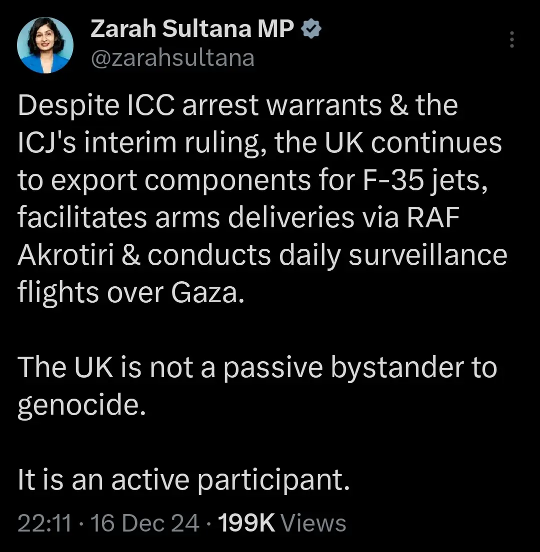 A screenshot of a tweet by Zarah Sultana MP, which states that despite international legal rulings, the UK continues to…