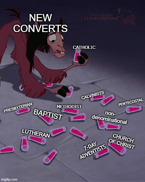 A cartoon character with dark hair and a sinister grin holds a pink vial labeled 'CATHOLIC' while surrounded by other pink…