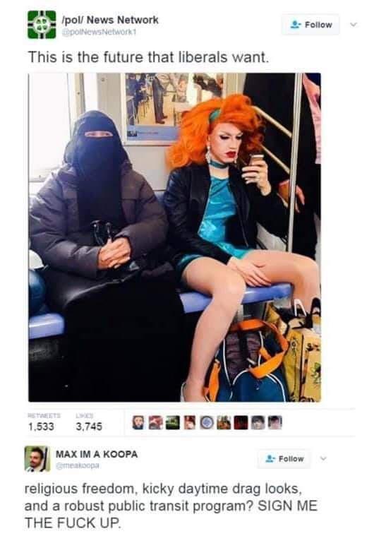 Two people sit side-by-side on a public transit bench. The person on the left wears a black niqab and a dark puffer jacket…