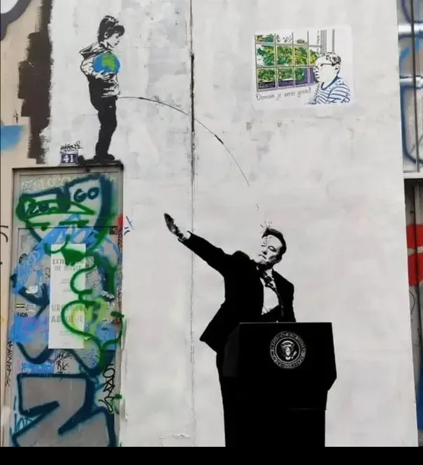 Street art depicts a man in a suit at a podium with the presidential seal, gesturing toward a child holding a globe who is…
