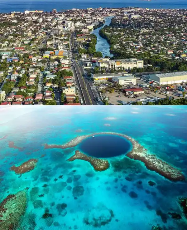 This meme juxtaposes two aerial photos: the top shows a sprawling city with a river cutting through it, while the bottom…