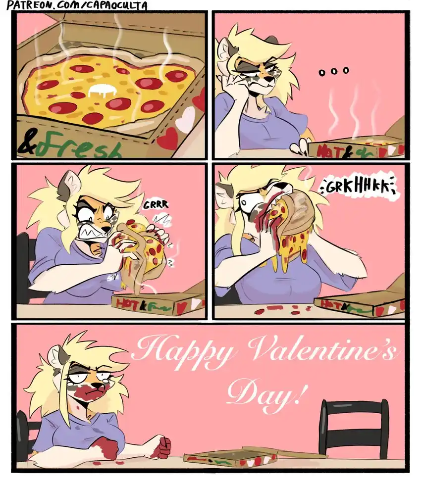 A four-panel comic shows a blonde anthropomorphic fox character initially looking unimpressed by a steaming pizza box…