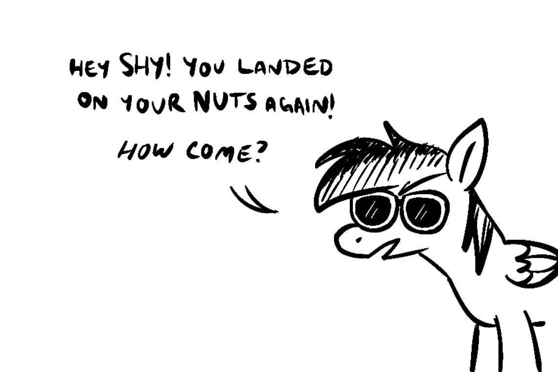 A black-and-white cartoon drawing shows a pony with sunglasses and a slightly confused expression, looking toward the left…