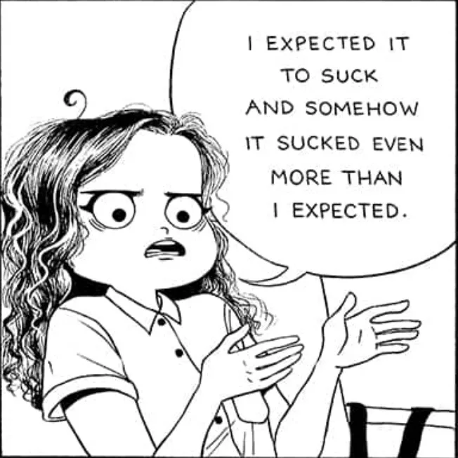 A black-and-white comic panel shows a cartoon girl with curly hair and wide eyes, looking exasperated while gesturing with…