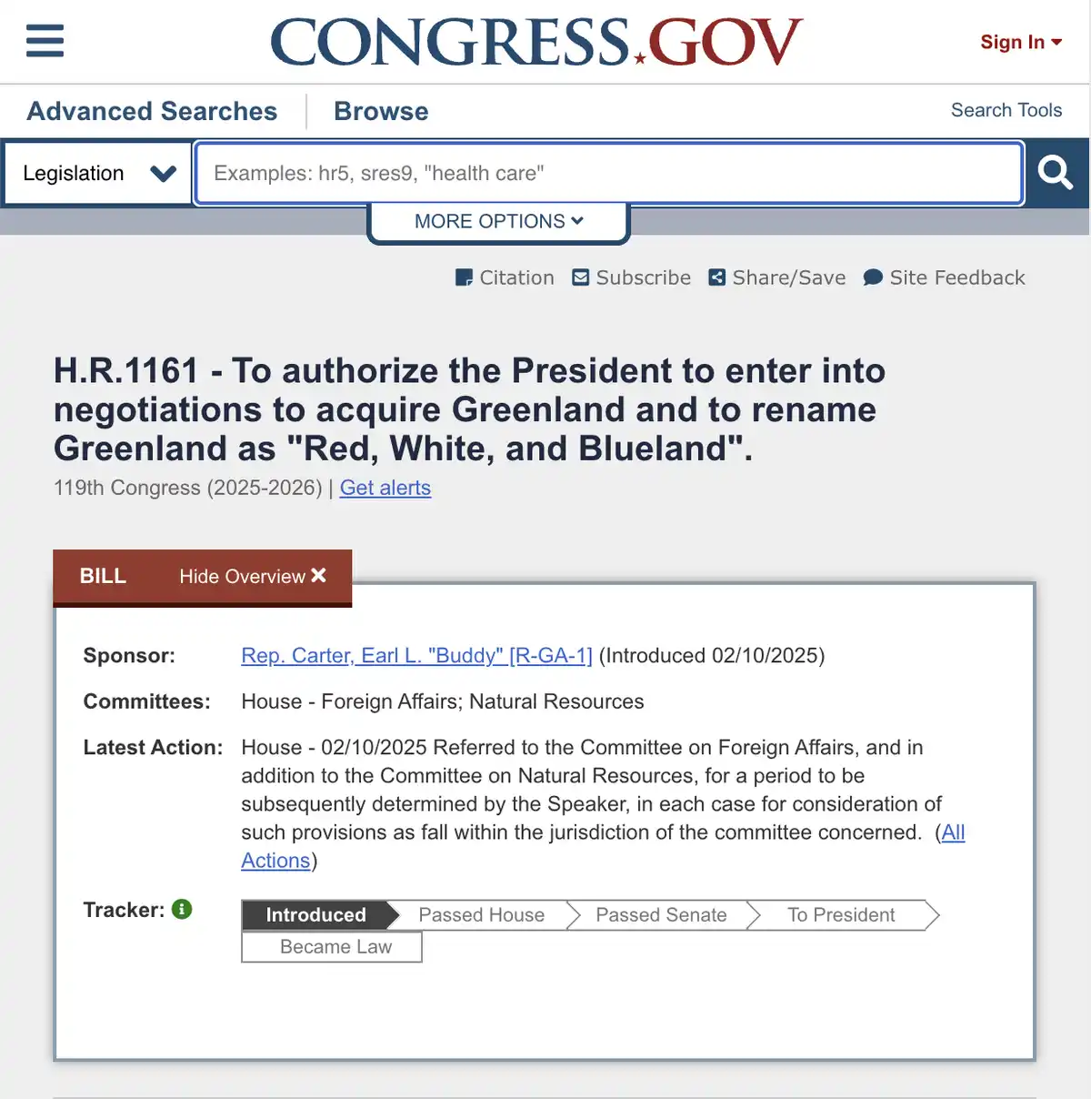 A screenshot of the congress.gov website showing a fictional bill H.R.1161, which humorously proposes authorizing the…