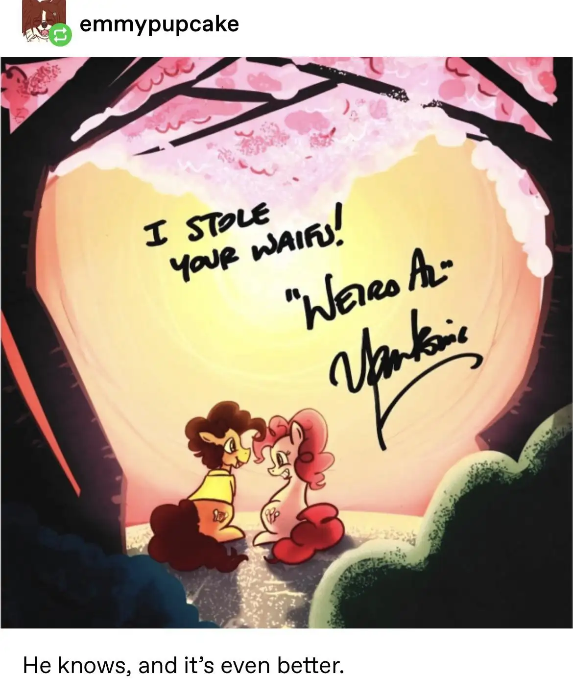 Two cartoon ponies sit together under a glowing pink cherry blossom tree. Overlaid text reads 'I STOLE YOUR WAIFU!' and '