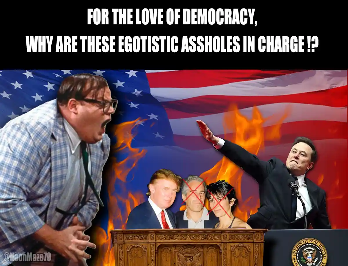 An image shows a man in a plaid shirt yelling angrily at a podium with a burning American flag behind it. At the podium are…
