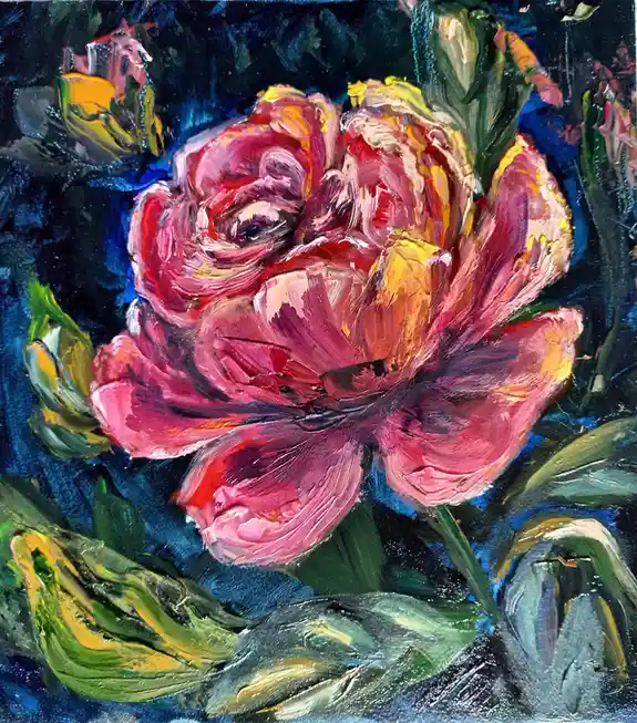 A thickly painted, textured oil painting of a large, vibrant pink and red peony flower with green leaves against a dark blue…