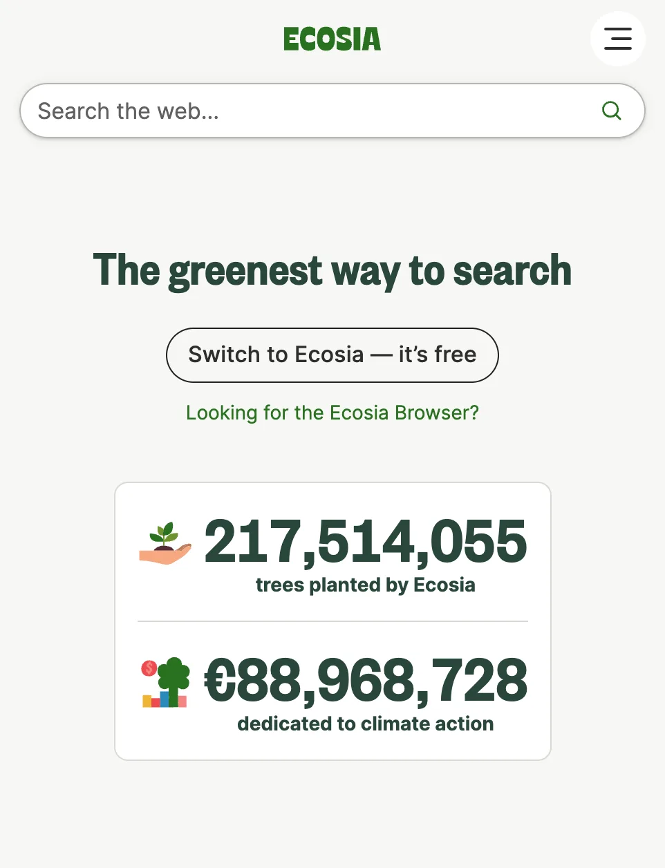 The image shows the Ecosia search engine homepage, featuring a search bar, the slogan 'The greenest way to search', and a…