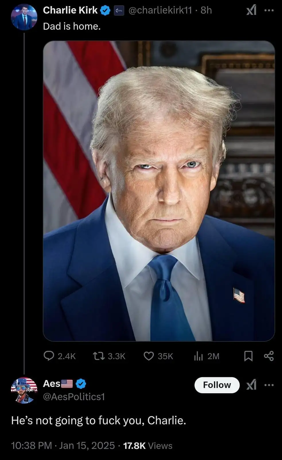 A screenshot of a social media post showing a photo of Donald Trump in a blue suit and tie with an American flag pin…