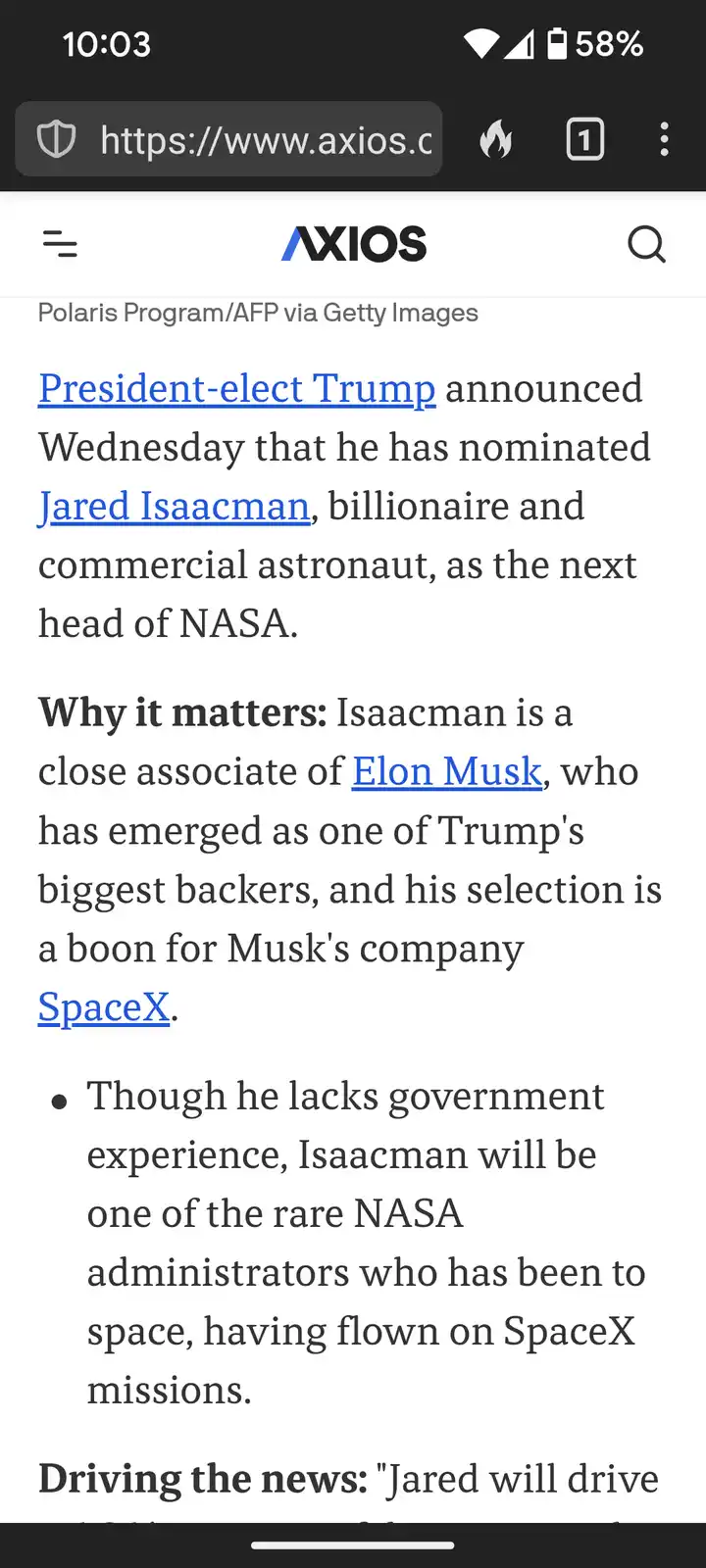 A screenshot of an Axios news article on a smartphone displaying a headline about President-elect Trump nominating Jared…