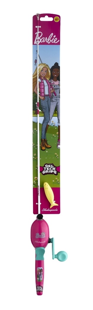 A pink Barbie-branded children's fishing rod and reel set, shown in its original packaging featuring illustrations of two…