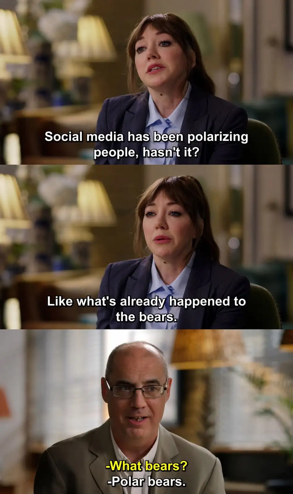 A three-panel meme from the TV show 'The Office' featuring actress Jenna Fischer as Pam Beesly asking if social media has…