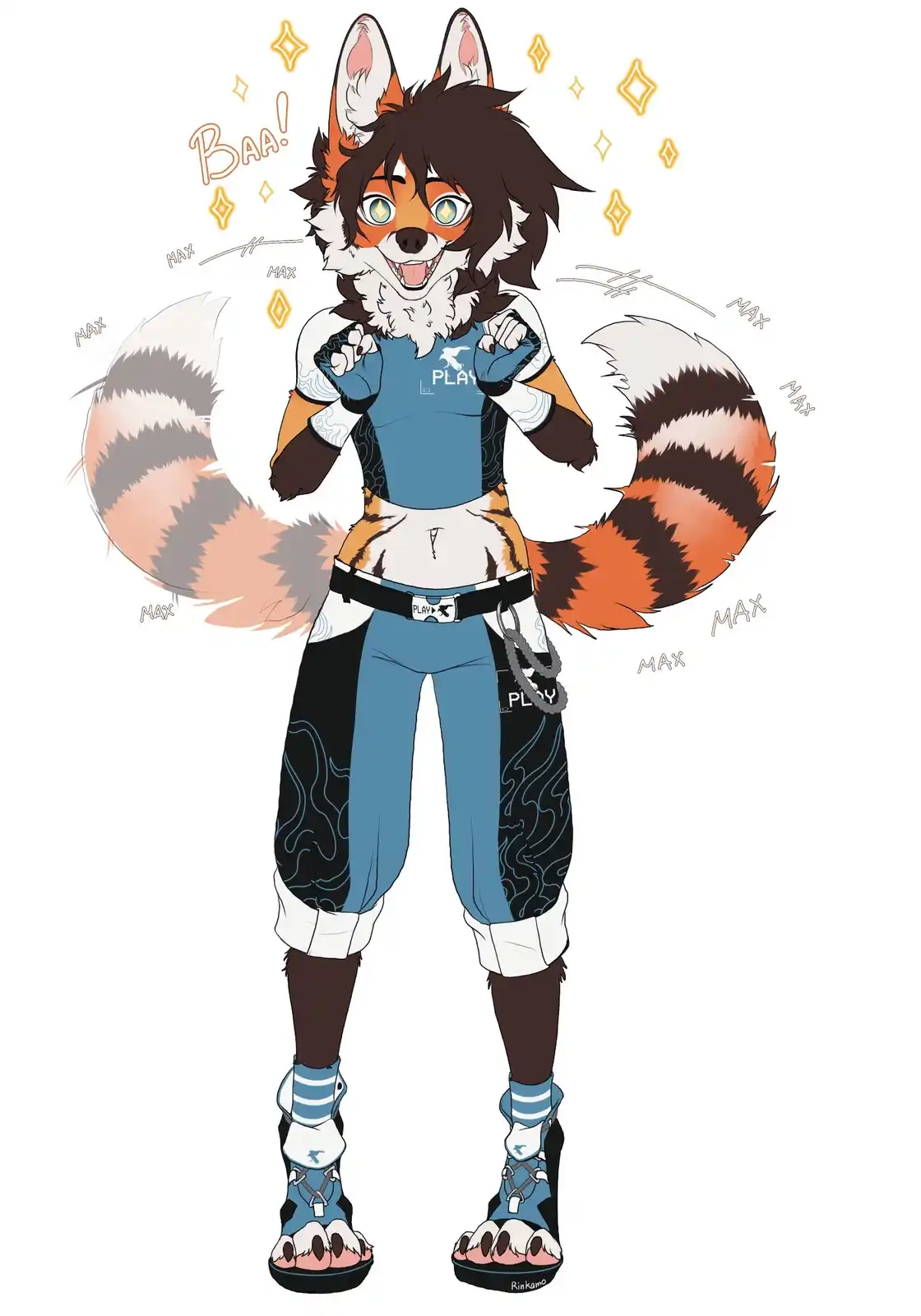 An anthropomorphic fox character with orange and white fur, wearing a blue and black athletic outfit with 'PLAY' logos…