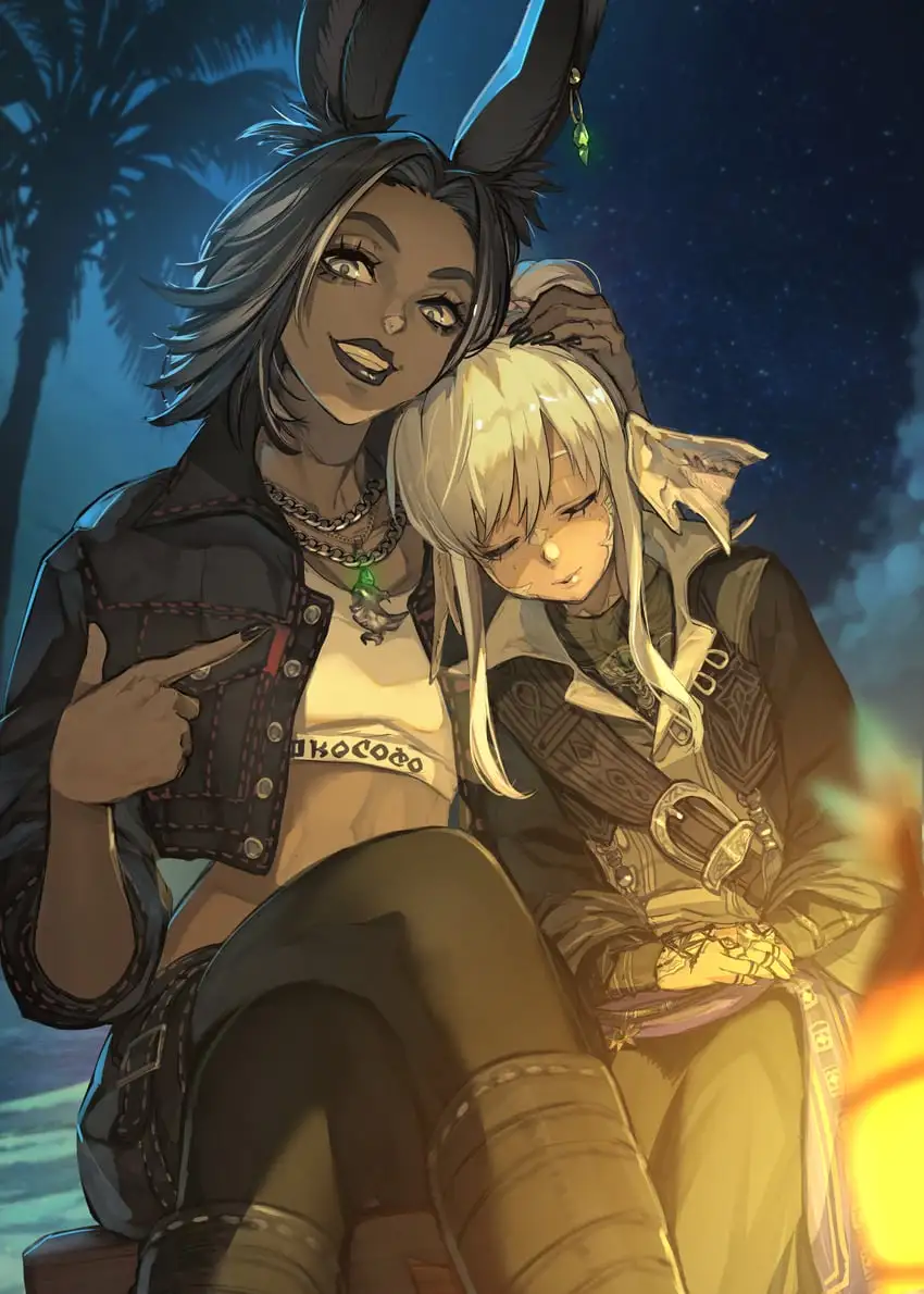 Two anime-style characters sit by a campfire under a starry night sky; one with dark skin and bunny ears smiles while…