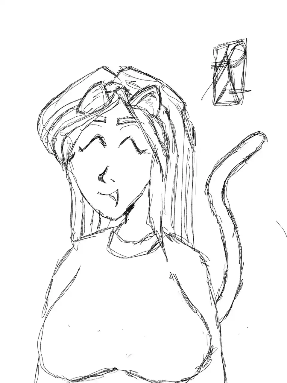 A rough black-and-white sketch shows a person with long hair, cat ears, and a tail, smiling with closed eyes. In the upper…