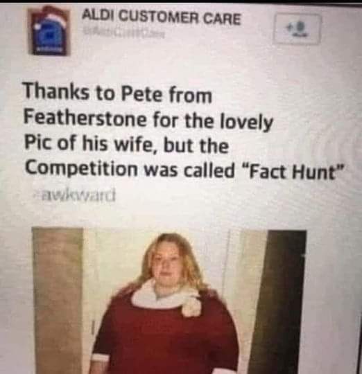 A screenshot of an Aldi Customer Care social media post thanking a customer named Pete for submitting a photo of his wife…