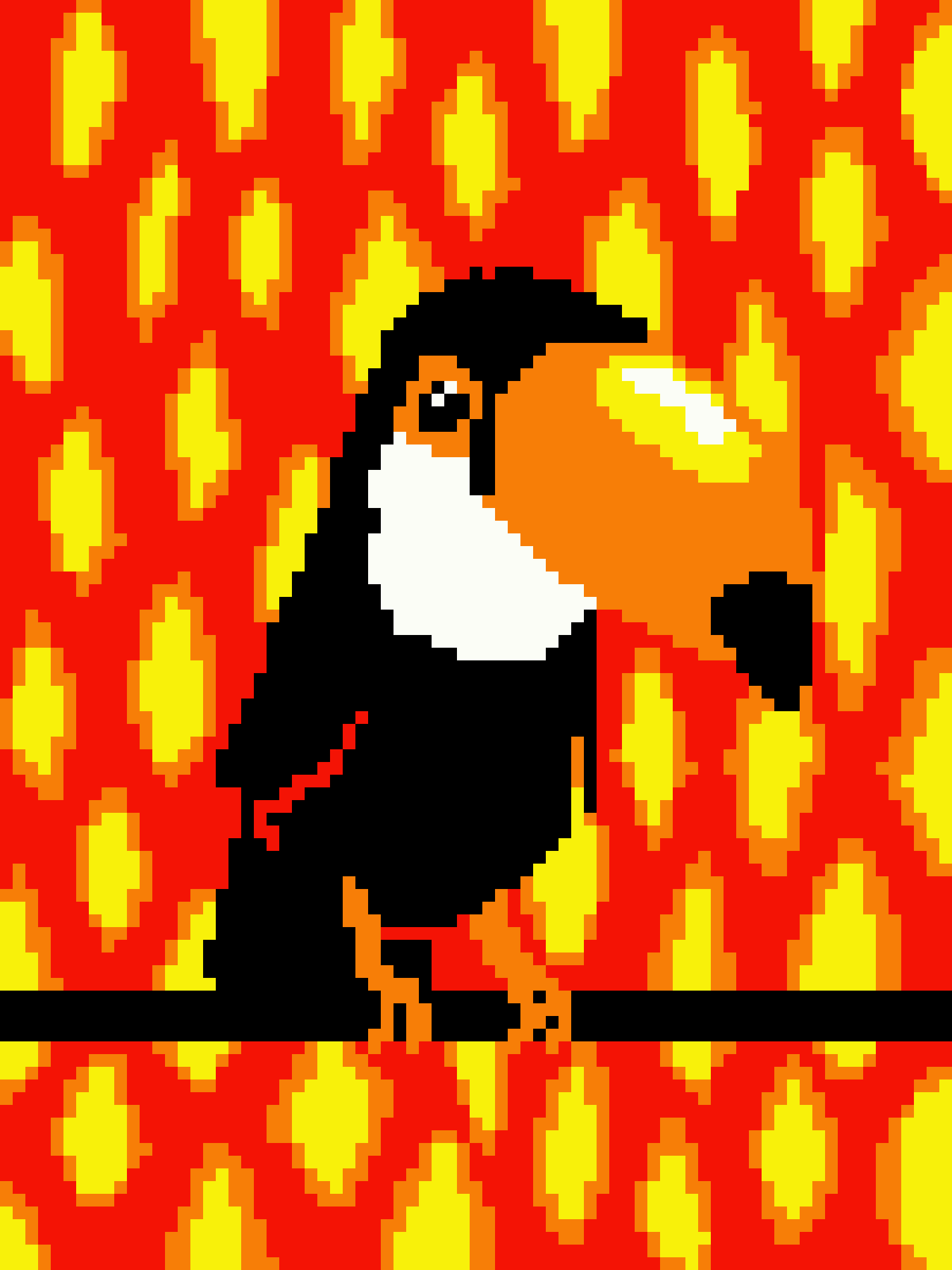 A pixelated image shows a black-and-white penguin sitting calmly on a black bar, surrounded by a background of red and…