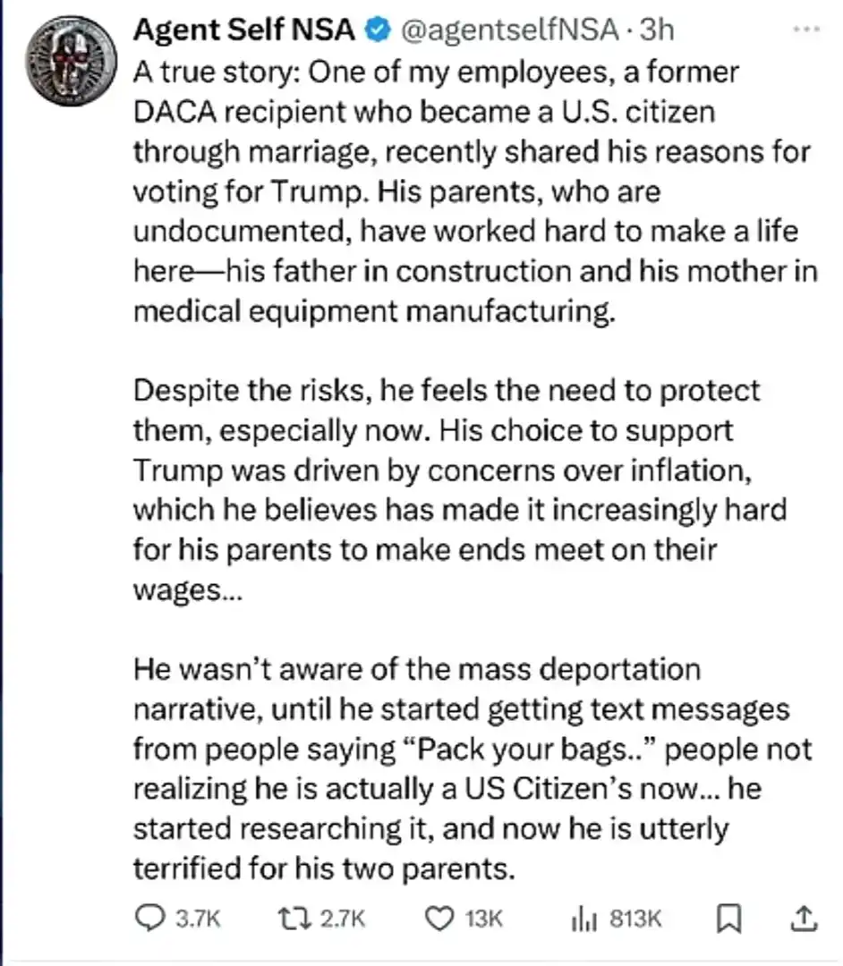 A screenshot of a tweet from 'Agent Self NSA' detailing a story about a U.S. citizen who voted for Trump to protect his…