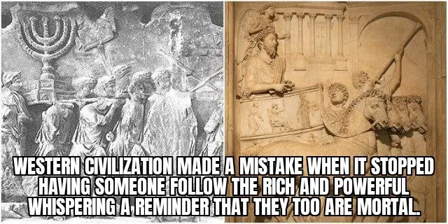 The image is a split-screen showing two ancient stone carvings. The left panel depicts a scene with a menorah and figures…