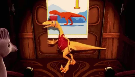 A yellow cartoon dinosaur wearing a red vest and a red cap is shown in four panels, progressively leaning back and…