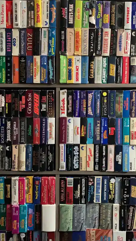 A close-up photo shows multiple shelves densely packed with VHS tapes, their colorful spines facing outward and displaying…