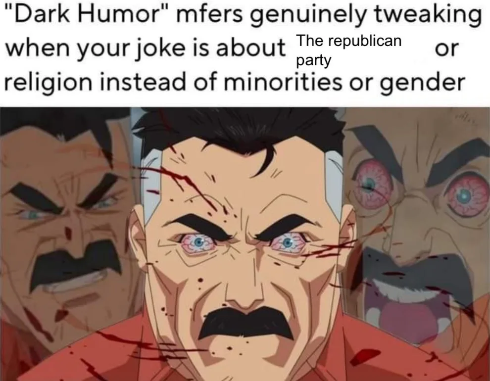An anime-style image shows a man with a mustache, bloodshot eyes, and blood streaks on his face, flanked by two similarly…