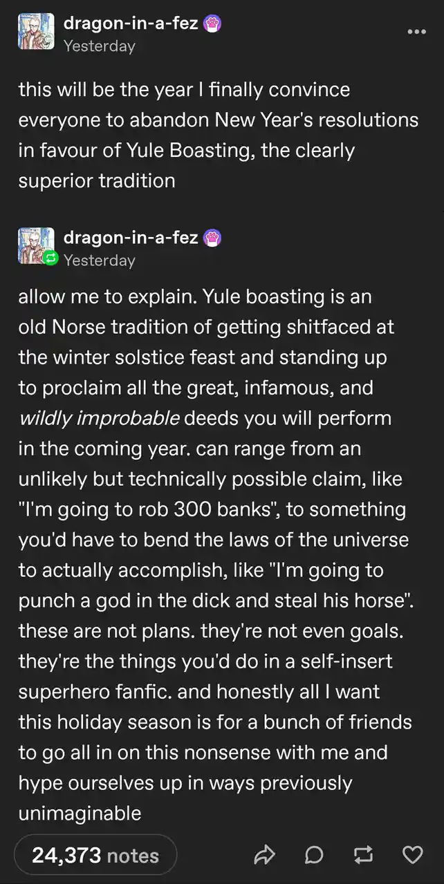 The image displays two text posts from a social media account named 'dragon-in-a-fez'. The first post declares a desire to…