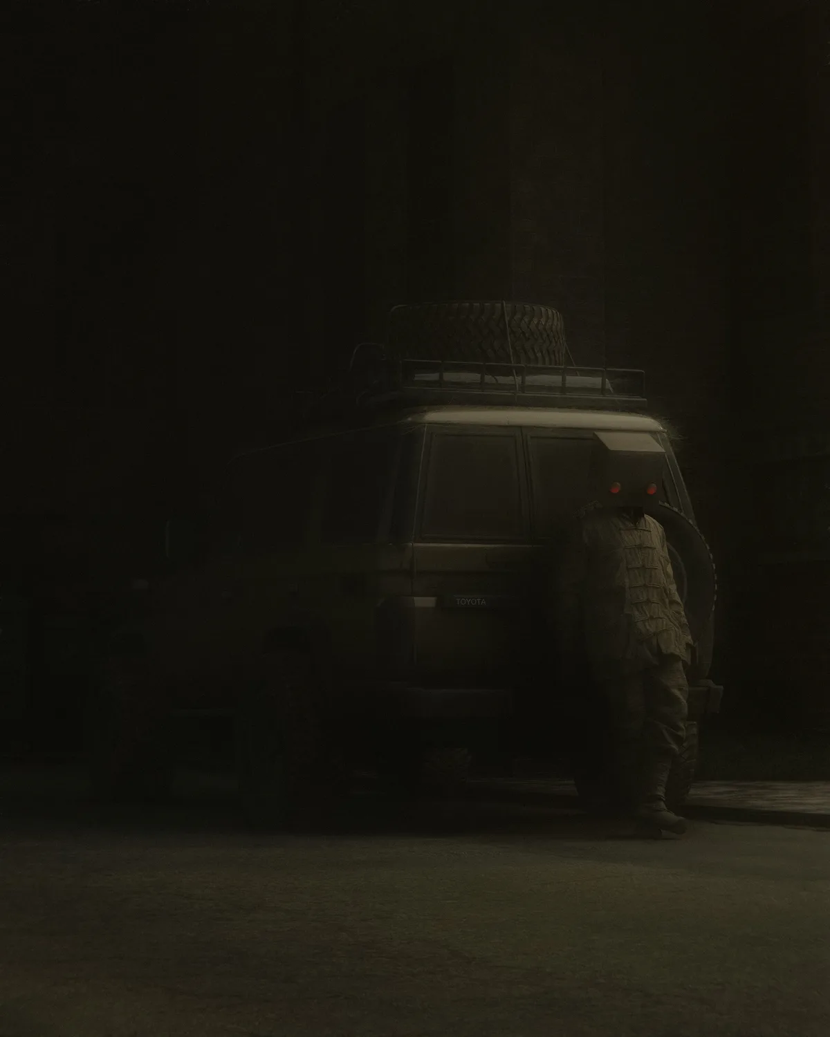 A dark, atmospheric image shows a person in a textured, possibly military-style uniform standing beside a dark Toyota SUV at…