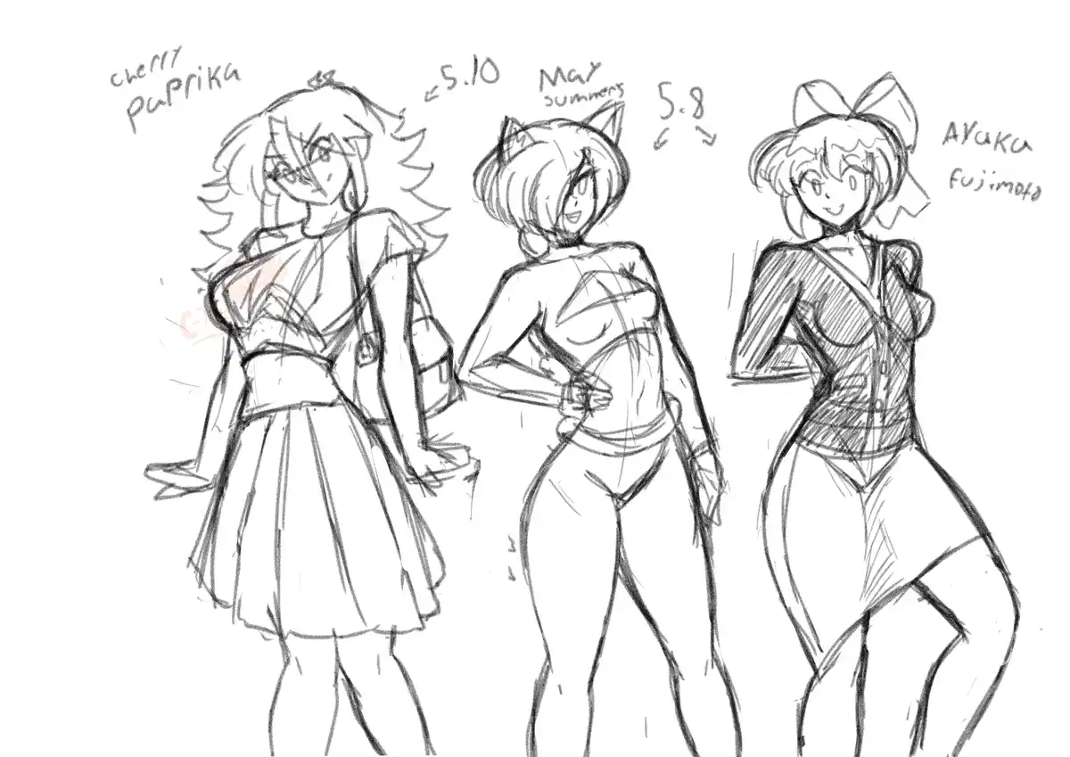 A black-and-white sketch shows three anime-style female characters standing side by side. Each character has handwritten…