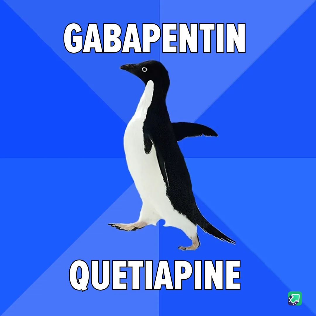 A black-and-white penguin stands centered against a blue background with diagonal light rays. The word 'GABAPENTIN' is…
