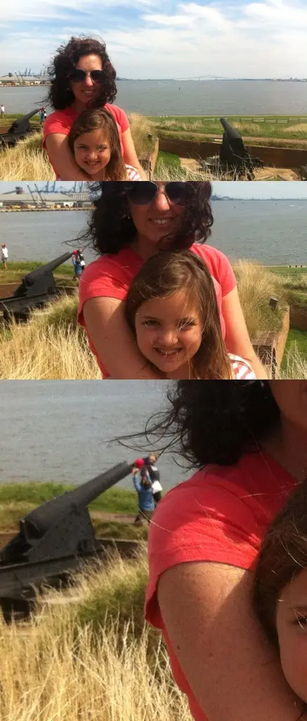 A three-panel vertical collage shows a woman and a young girl posing for photos near a large black cannon on a grassy hill…