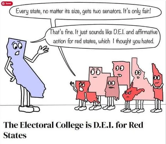 A cartoon depicts a large blue state (California) arguing that every state gets two senators, which is fair. A group of…