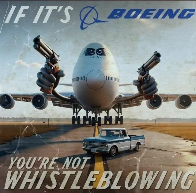 A large Boeing airplane with cartoonish eyes and two hands holding pistols is depicted looming over a small pickup truck on…