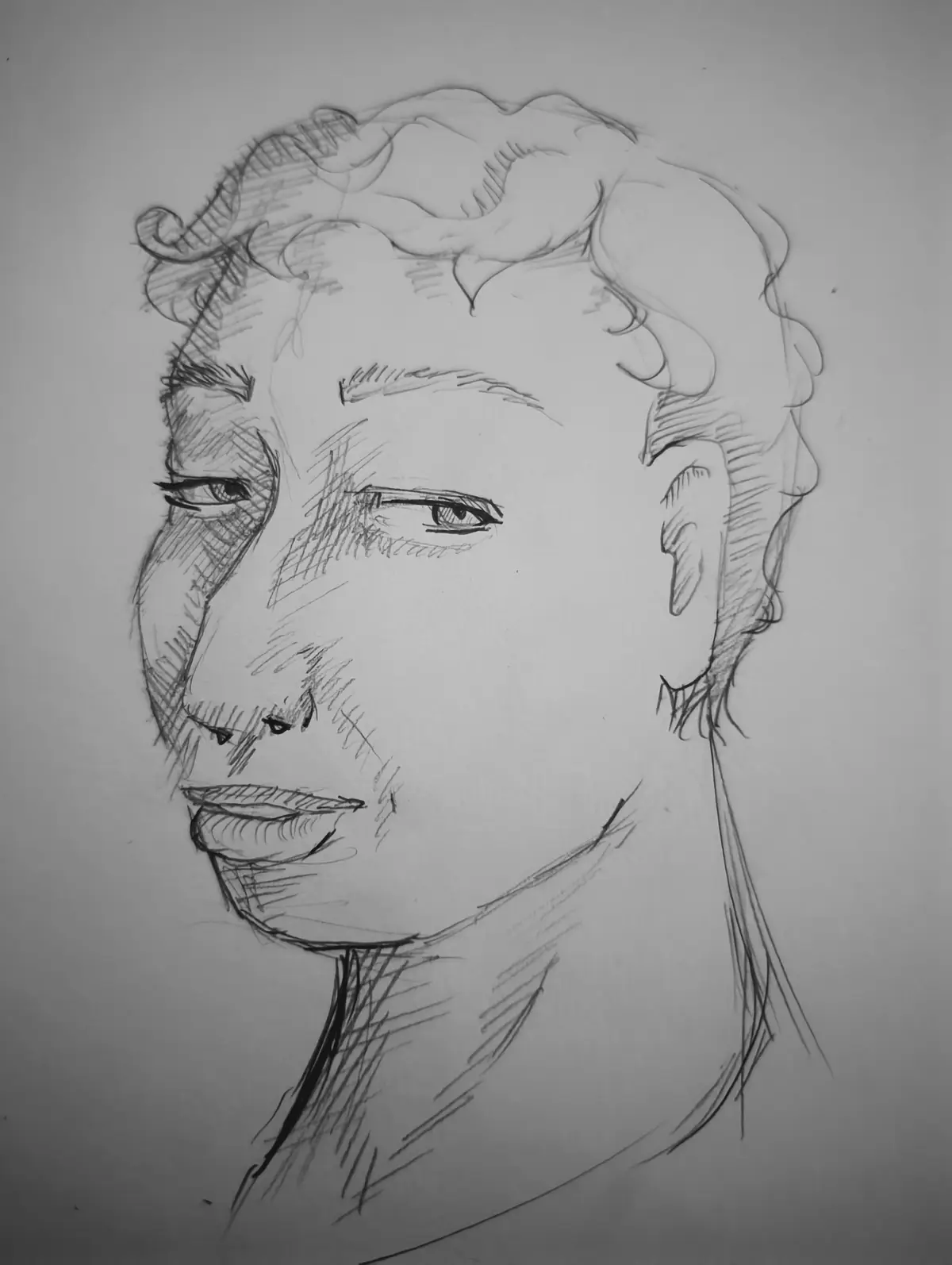 A black-and-white pencil sketch of a person's head and shoulders, showing curly hair, eyes, nose, and lips with shading. The…