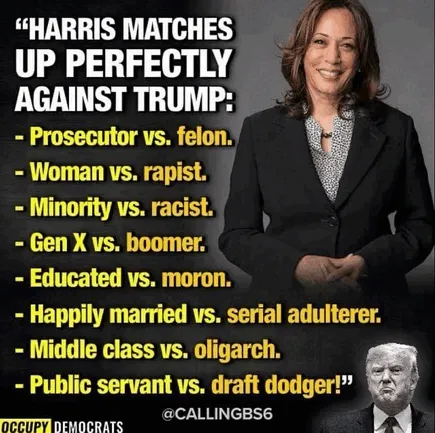A photo of Kamala Harris smiling in a dark suit with a list of contrasting labels comparing her to Donald Trump. The text…