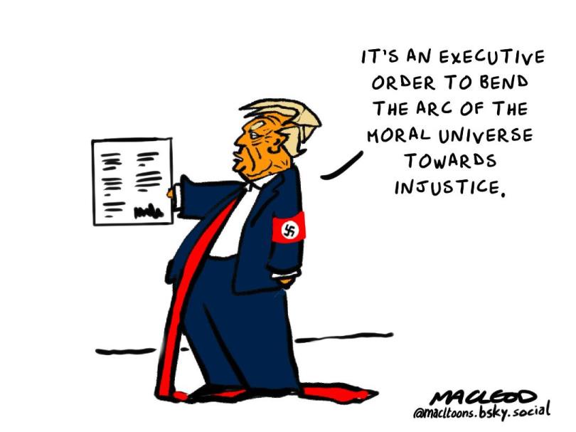 A cartoon depicts a caricature of Donald Trump in a dark suit with a red armband bearing a swastika, holding a document. He…
