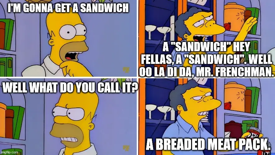This meme uses a four-panel image from The Simpsons. In the top-left panel, Homer Simpson says 'I'M GONNA GET A SANDWICH'…