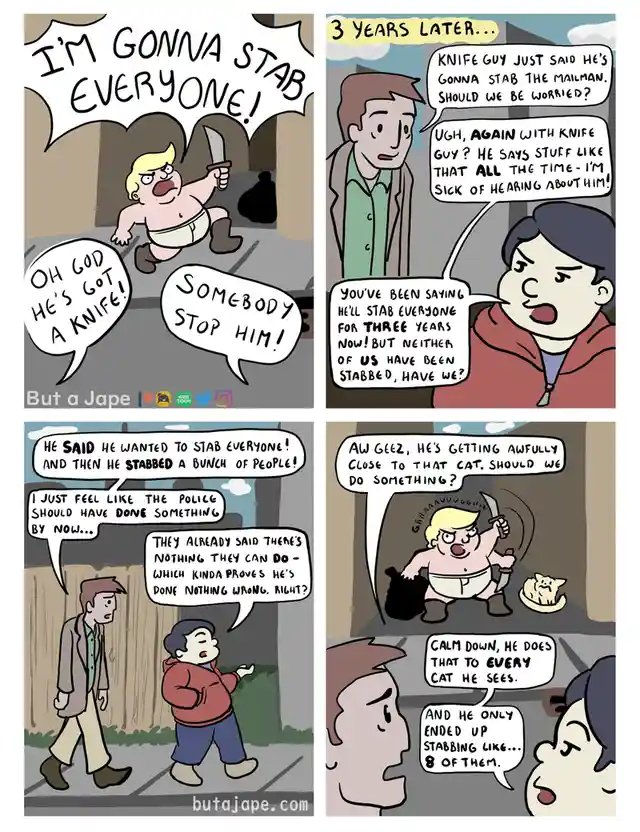 A four-panel comic strip shows a man in a diaper wielding a knife, yelling 'I'M GONNA STAB EVERYONE!' while others panic…