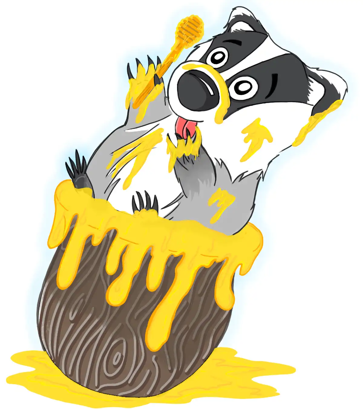 A cartoon honey badger is joyfully covered in dripping yellow honey, holding a honey dipper, with honey on its face and fur…