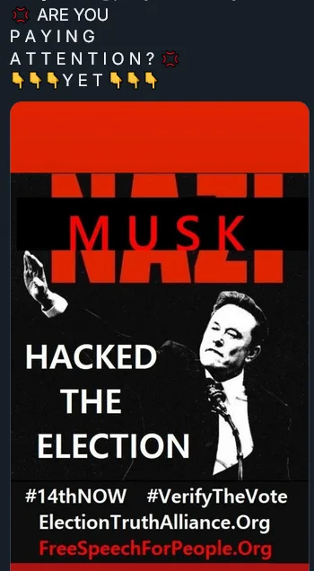 A black-and-white image of Elon Musk speaking at a podium, overlaid with bold red and white text. The top text asks 'ARE YOU…