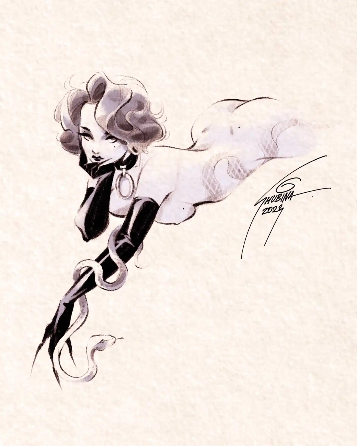 A stylized, monochrome illustration depicts a woman with curly hair, wearing a black choker with a large ring, and a black…