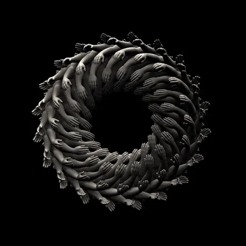 The image displays six identical grayscale circular wreaths, each composed of dozens of hands interlocked in a ring against…